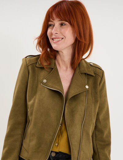 Veste biker effet su&eacute;dine vert kaki femme