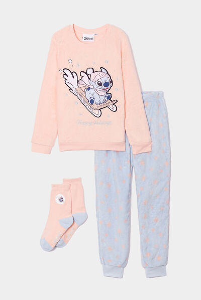 Ensemble pyjama 3 pièces Stitch orange corail fille