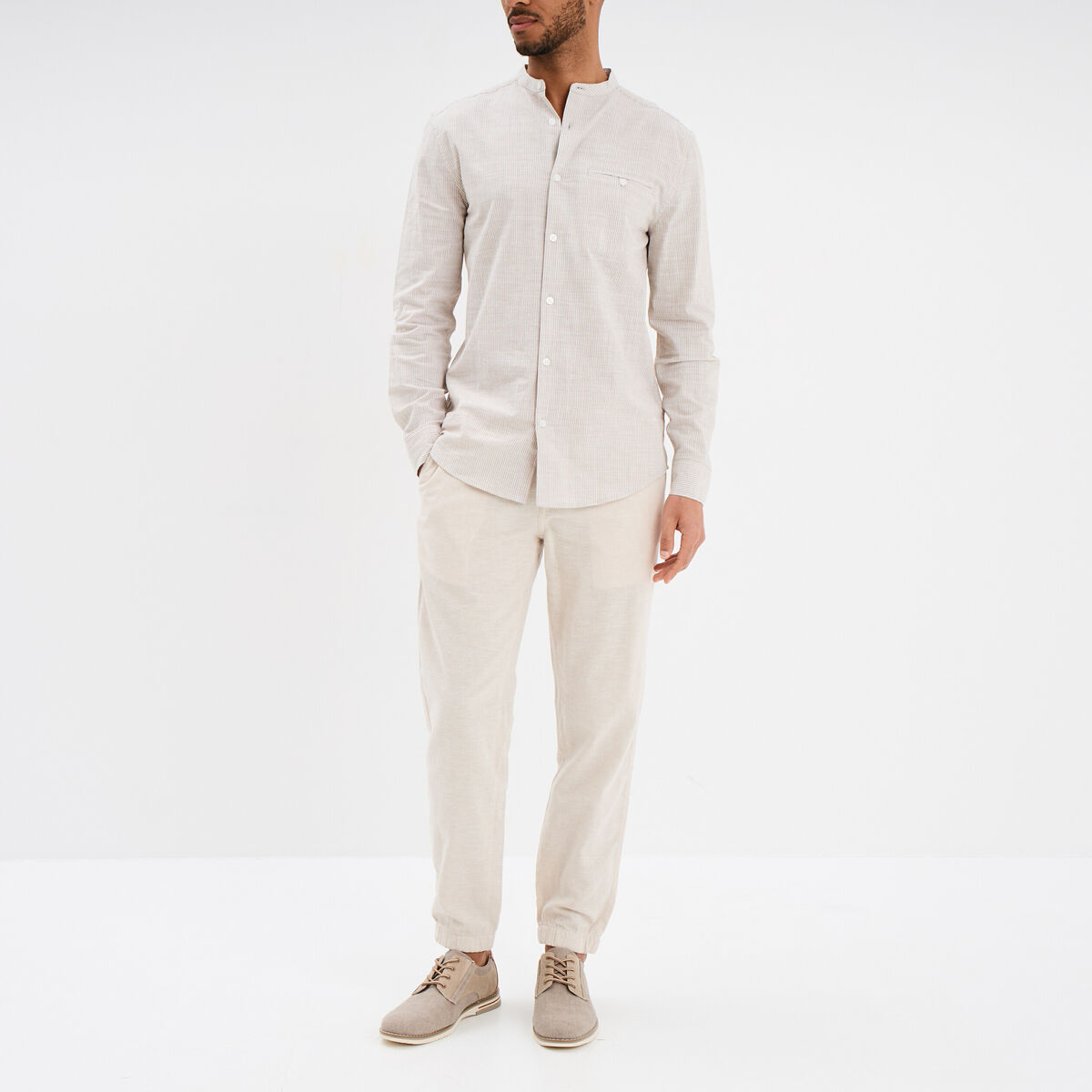 Chemise col mao manches longues coton beige homme