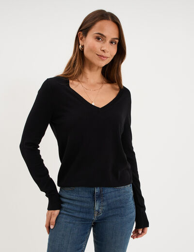 Pull col en V manches longues noir femme