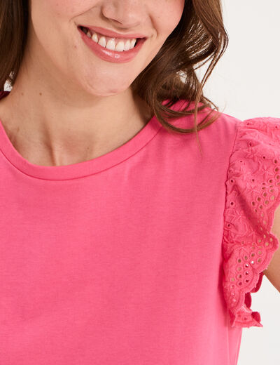 D&eacute;bardeur volants broderie anglaise rose fushia femme