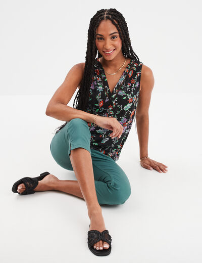 Pantacourt slim 5 poches vert foncé femme