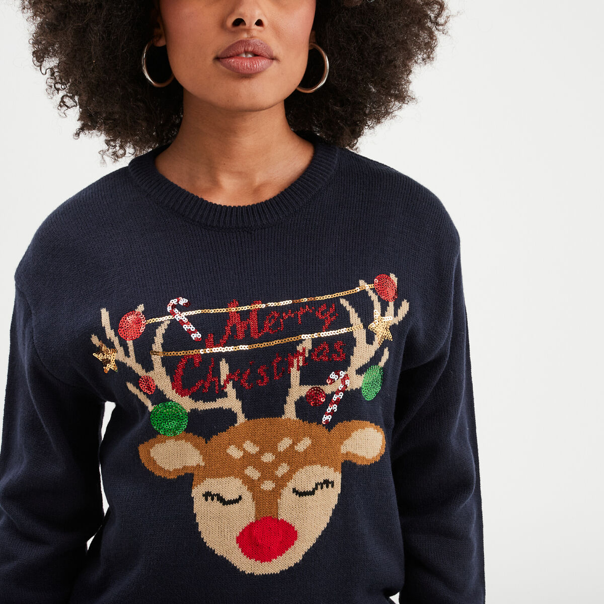 Pull No&euml;l &agrave; sequins col rond lumineux bleu marine femme