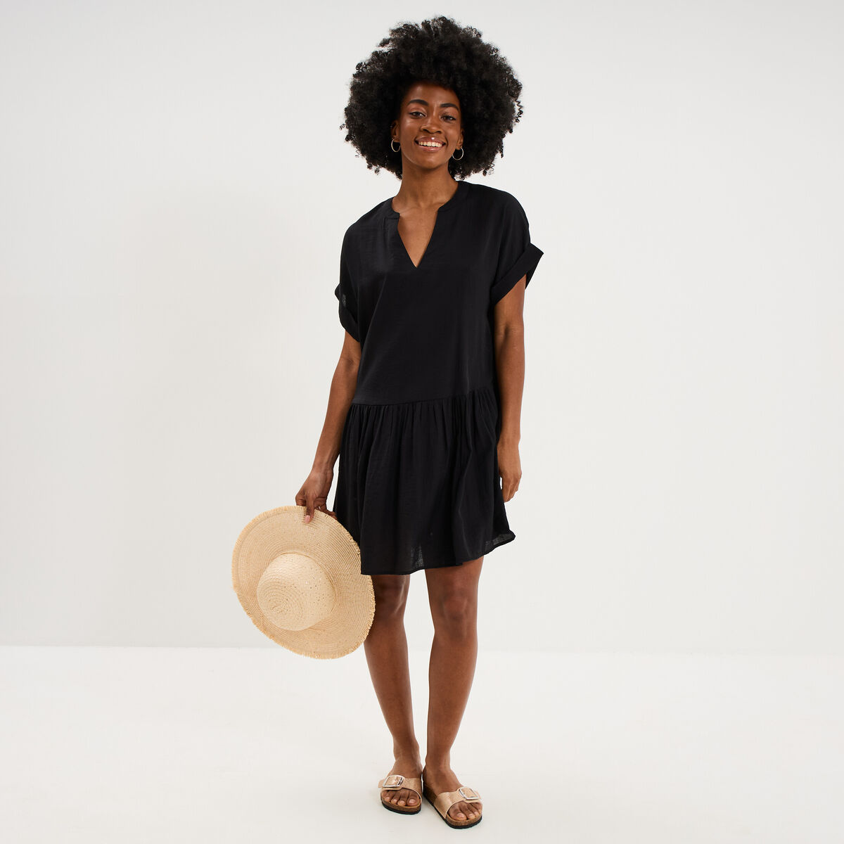 Robe courte fluide bas volants noir femme