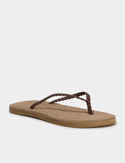 Tongs effet tress&eacute; marron femme