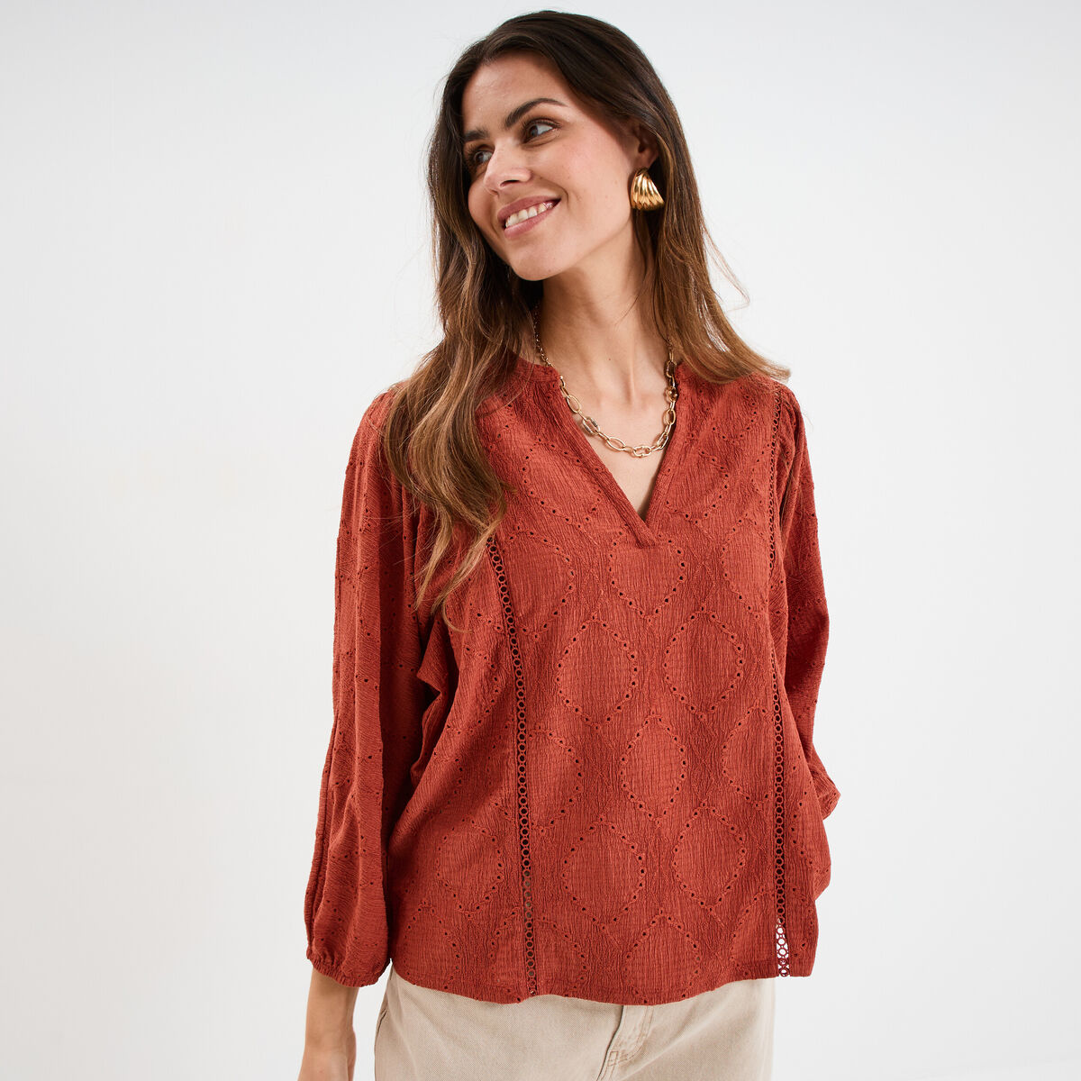 T-shirt ajouré manches 3/4 col en V vieux rose femme