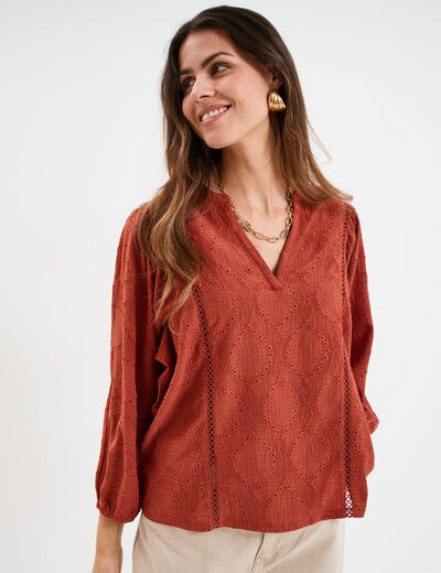 T-shirt ajouré manches 3/4 col en V vieux rose femme