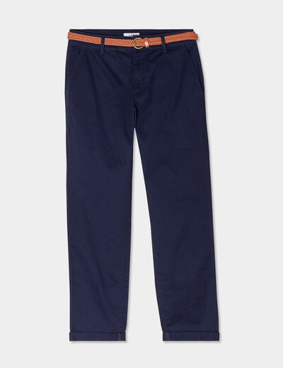 Pantalon chino 7/8ème ceinture tressée bleu marine femme