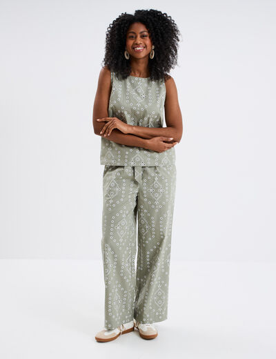 Pantalon regular broderie anglaise vert clair femme