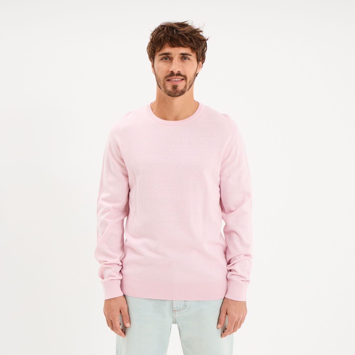 Pull droit col rond coton m&eacute;lang&eacute; rose pastel homme