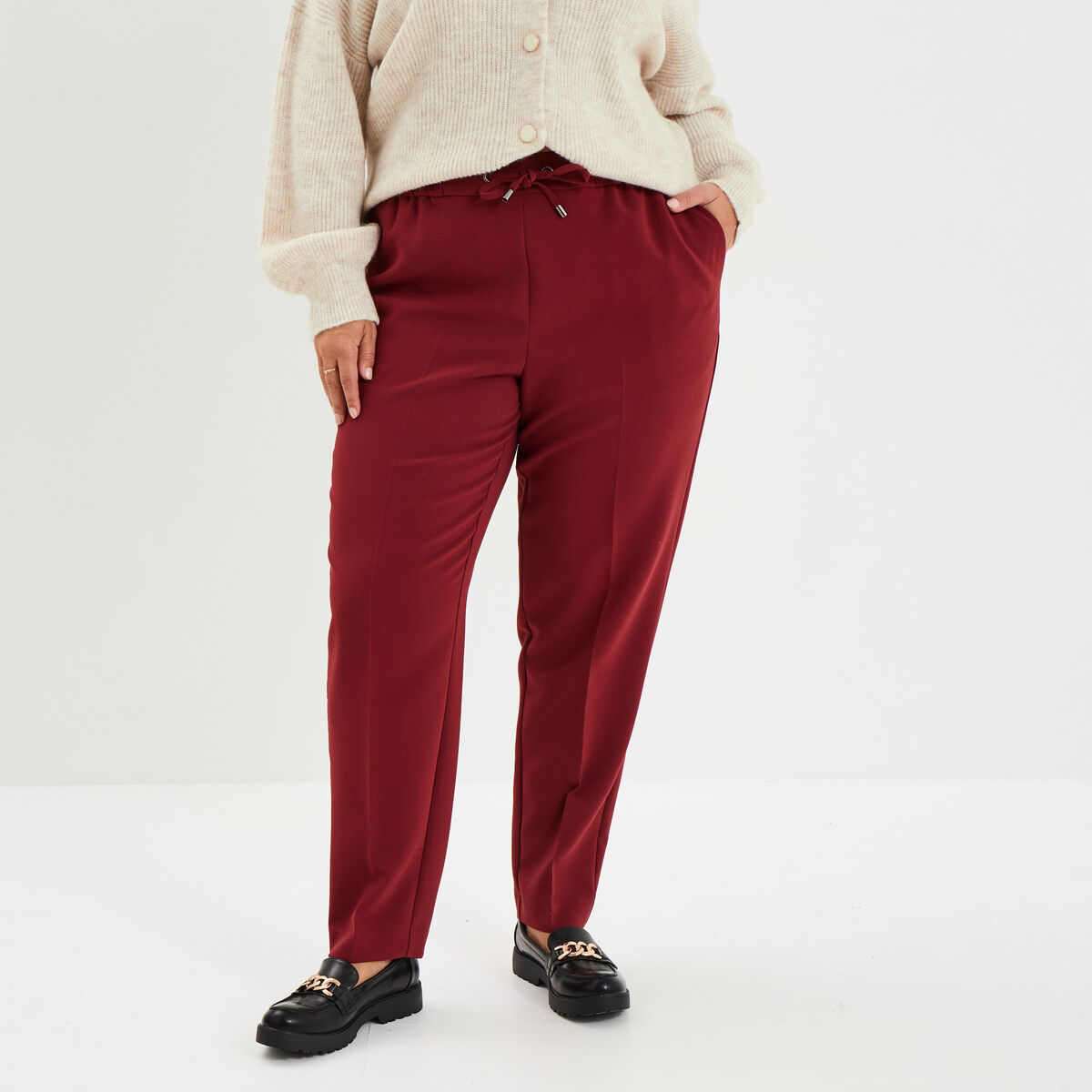 Pantalon city paperbag taille &eacute;lastiqu&eacute;e bordeaux femme grande taille