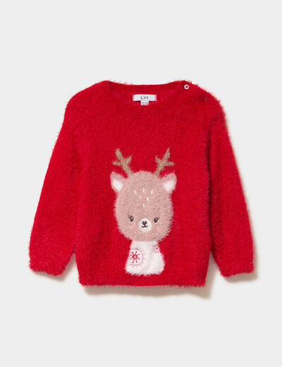 Pull mailles duveteuses col rond rouge b&eacute;b&eacute; fille