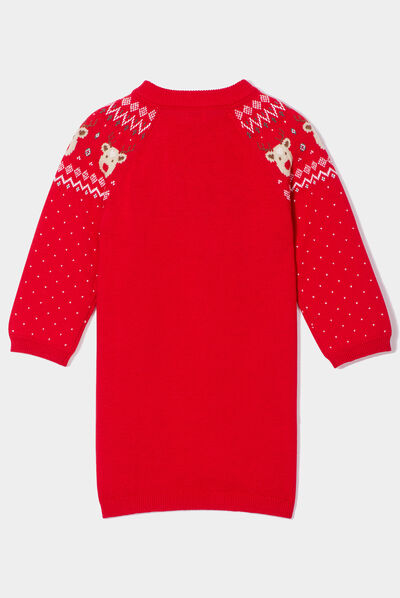 Robe pull de Noël épaule boutonnée coton rouge bébé fille