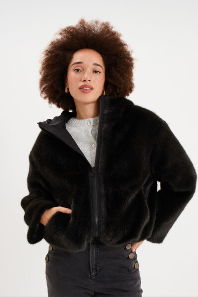 Parka r&eacute;versible capuche fausse fourrure noir femme