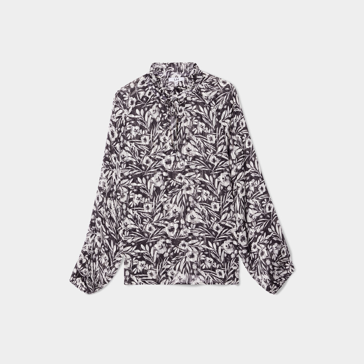 Blouse col froncé à cordons et volants noir femme