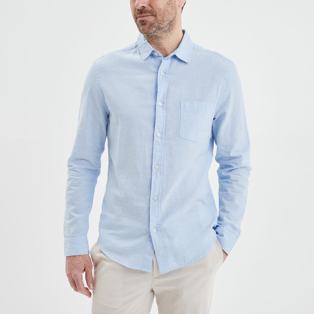 Chemise manches longues lin m&eacute;lang&eacute; bleu ciel homme