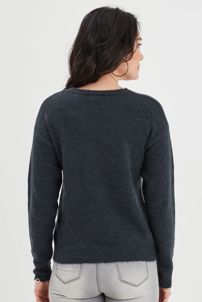 Pull col rond manches longues bleu foncé femme
