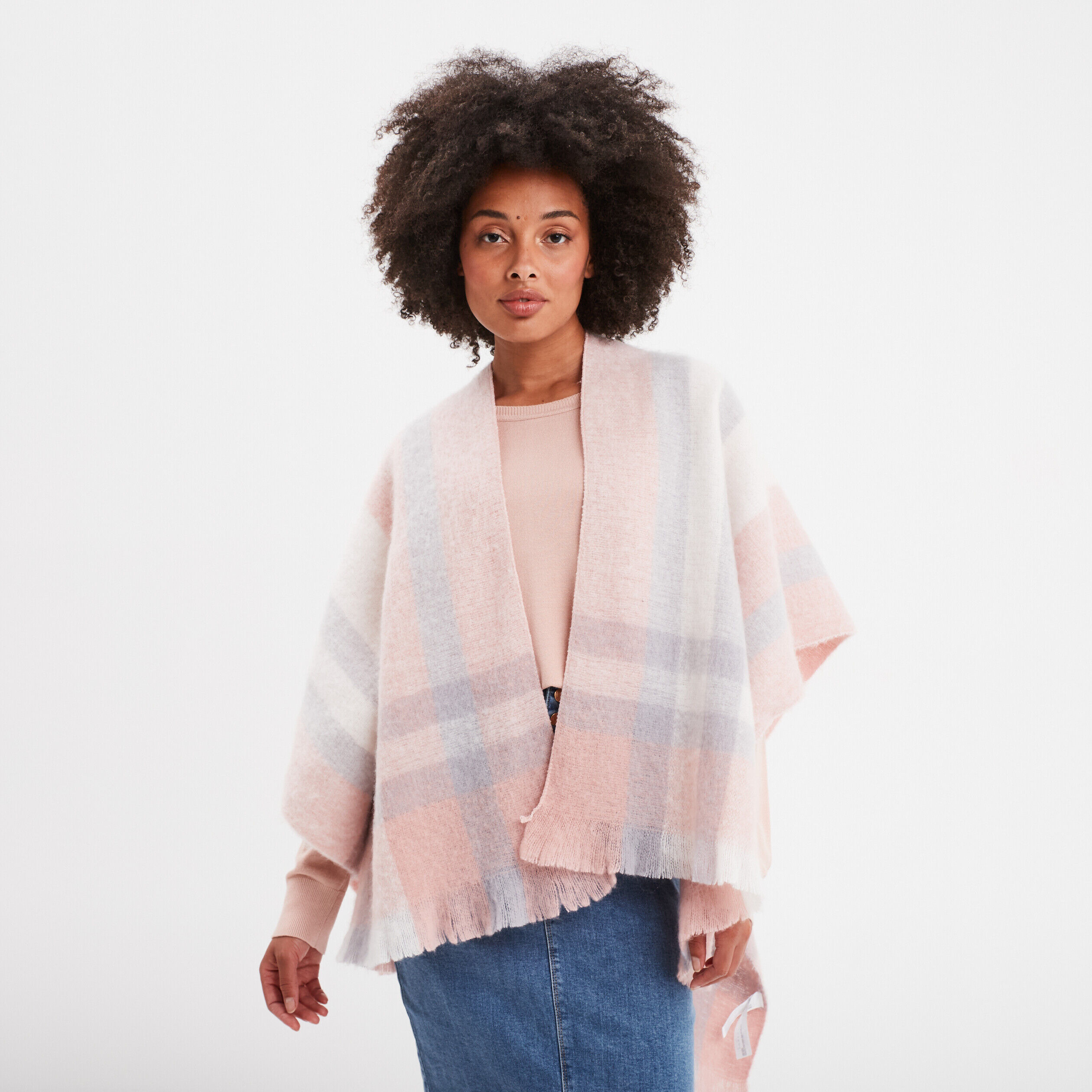 Poncho avec franges rose femme LH