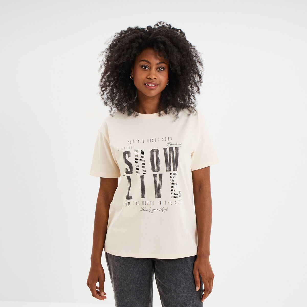 T-shirt strass et manches courtes creme femme