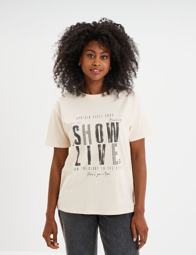 T-shirt strass et manches courtes creme femme