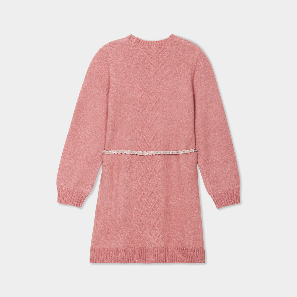 Robe pull courte avec ceinture tressée vieux rose fille