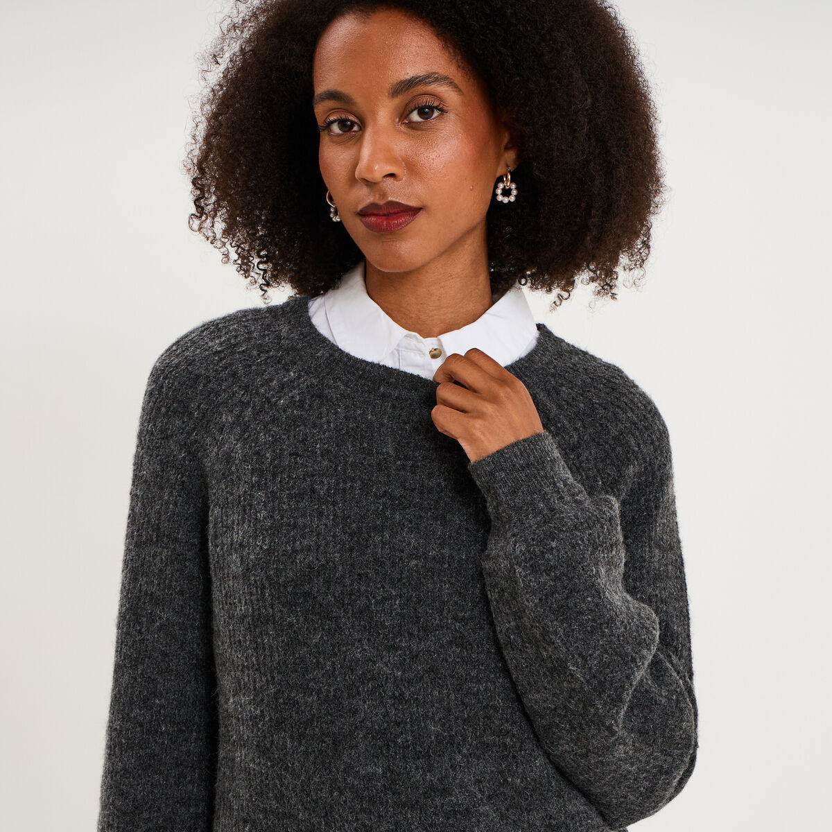 Pull col rond manches longues gris fonc&eacute; femme