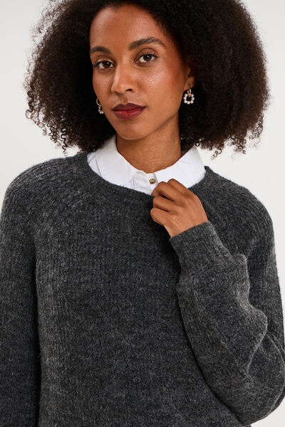 Pull col rond manches longues gris fonc&eacute; femme