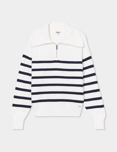 Pull col camionneur zipp&eacute; ecru femme