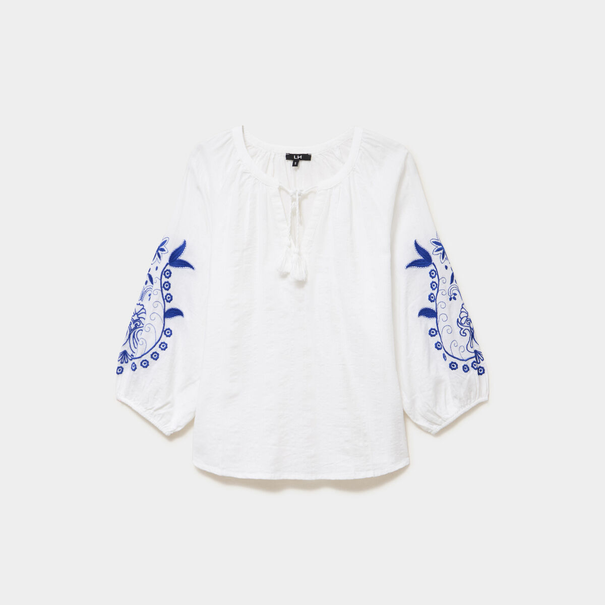 Blouse oversize manches brod&eacute;es coton blanc femme