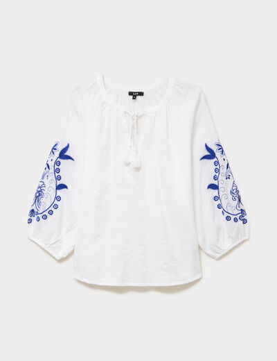 Blouse oversize manches brod&eacute;es coton blanc femme