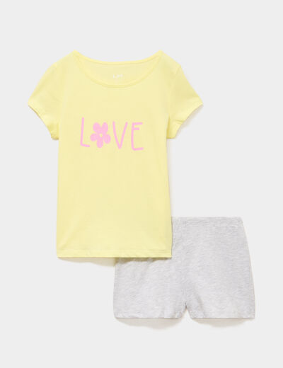 Ensemble pyjama short et t-shirt coton jaune clair fille