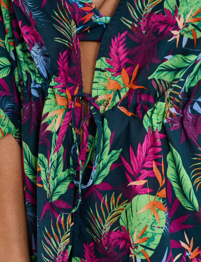 Robe de plage en coton col V bleu p&eacute;trole femme