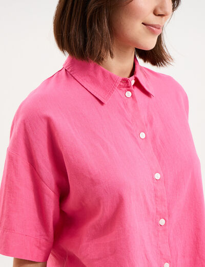 Chemise manches courtes lin m&eacute;lang&eacute; rose fushia femme