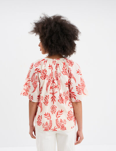 Blouse manches courtes papillons coton ecru femme
