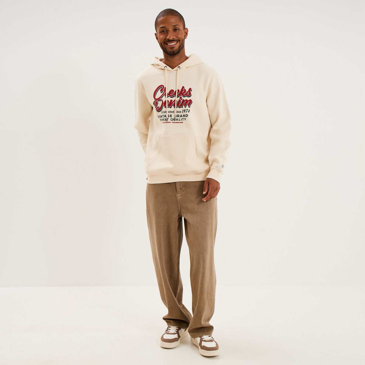 Sweat hoodie 1 poche ecru homme