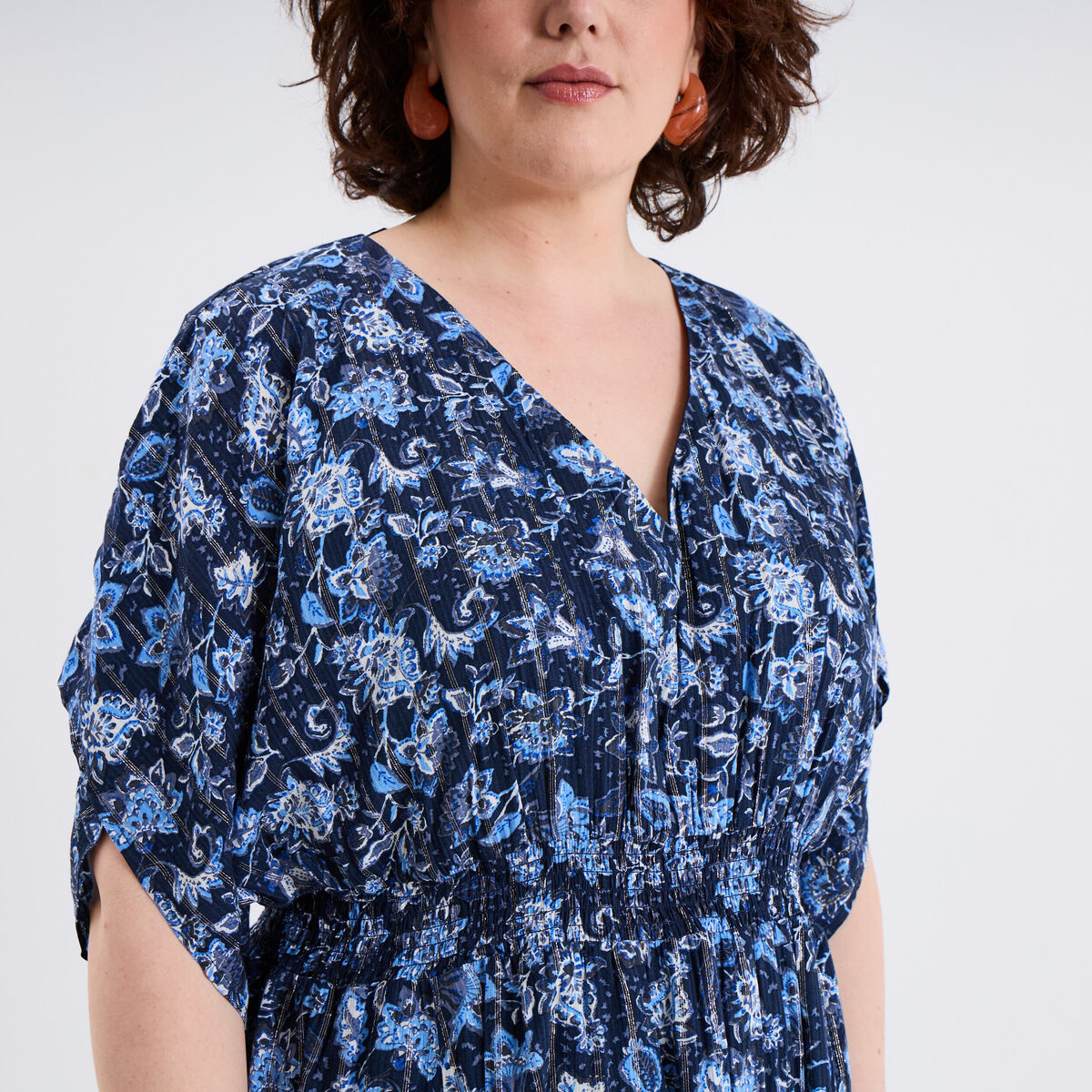 Robe longue taille smockée bleu marine femme grande taille