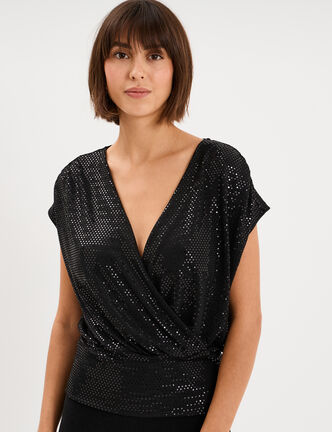 T-shirt &agrave; paillettes col cache-coeur noir femme