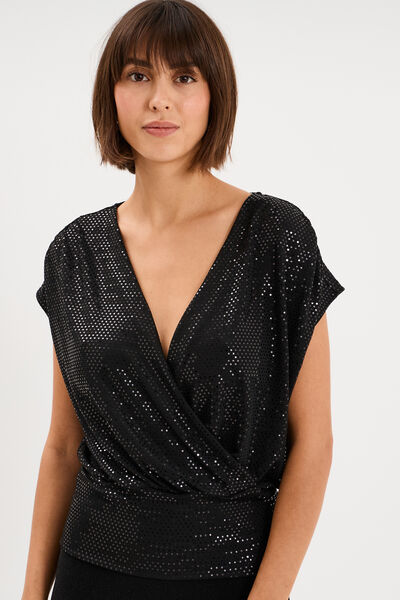 T-shirt &agrave; paillettes col cache-coeur noir femme