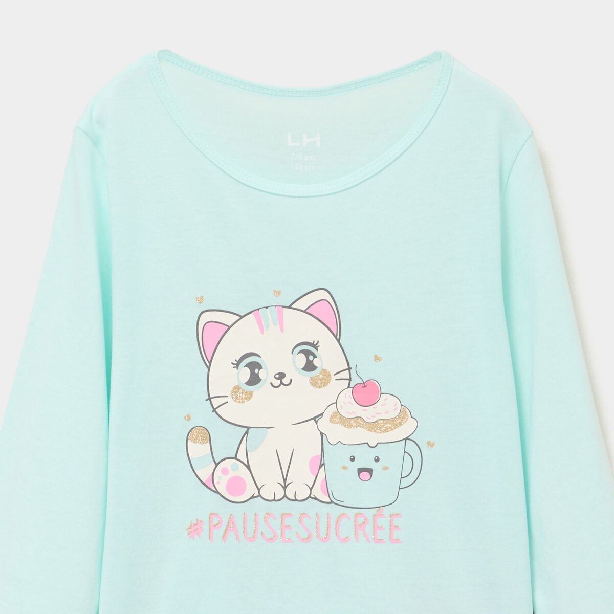 Ensemble pyjama pantalon coton bleu turquoise fille