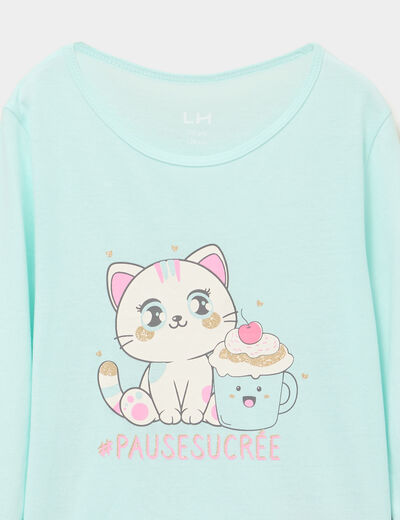 Ensemble pyjama pantalon coton bleu turquoise fille