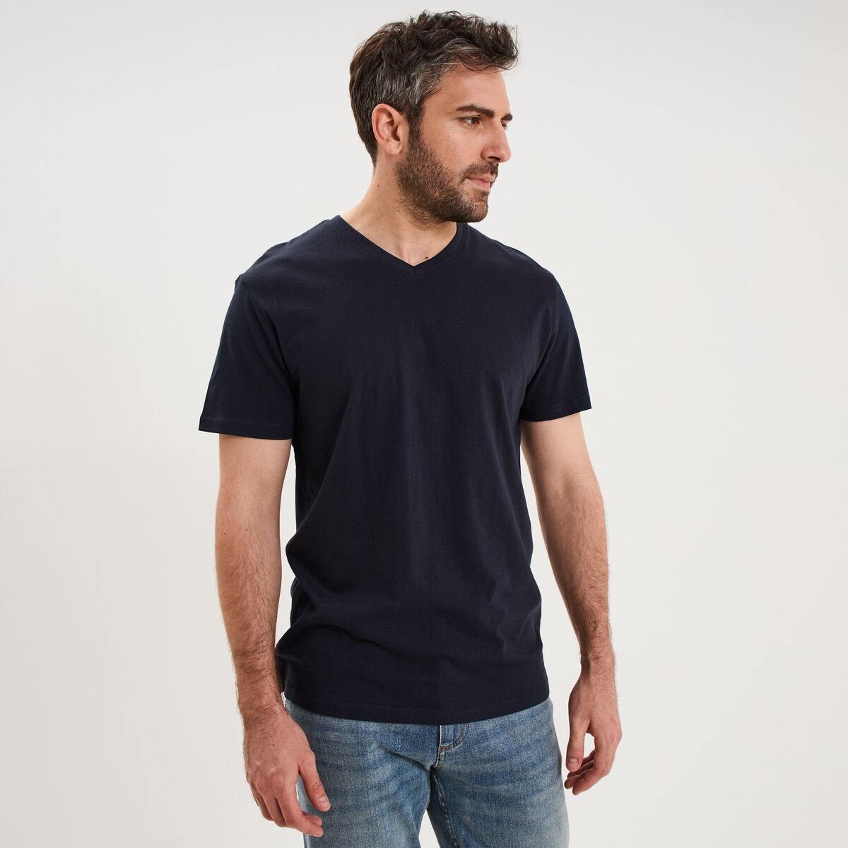 T-shirt manches courtes coton col V bleu marine homme