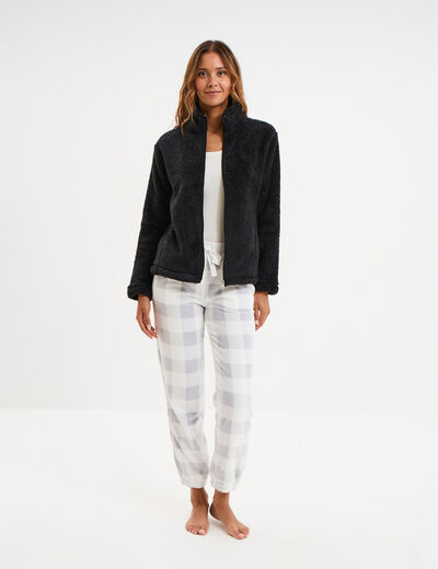Veste effet polaire col montant noir femme