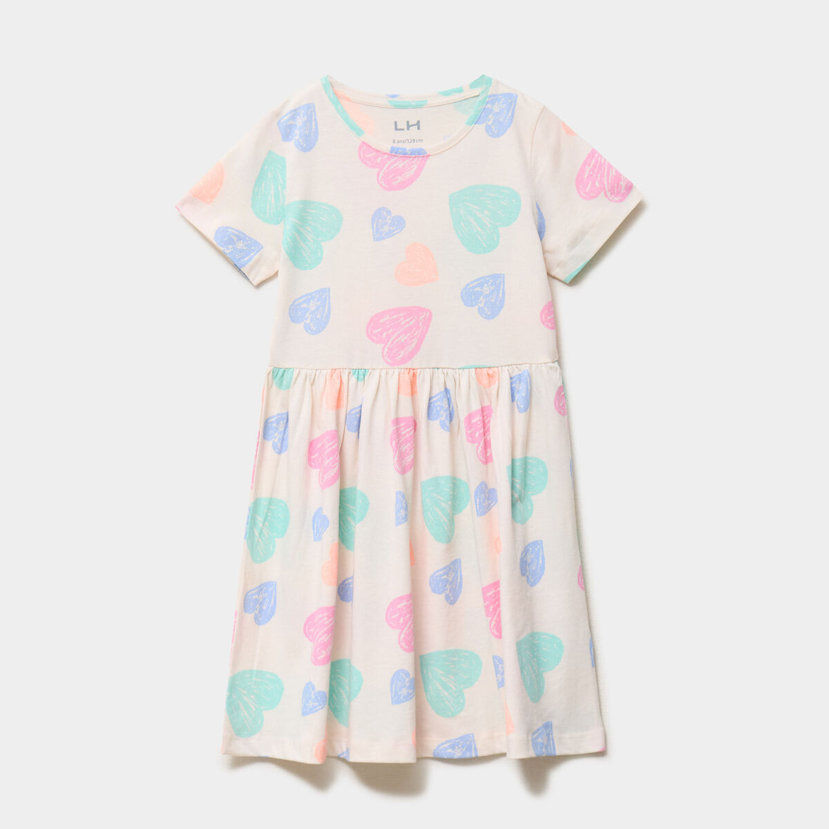 Robe courte &eacute;vas&eacute;e manches courtes coton beige fille