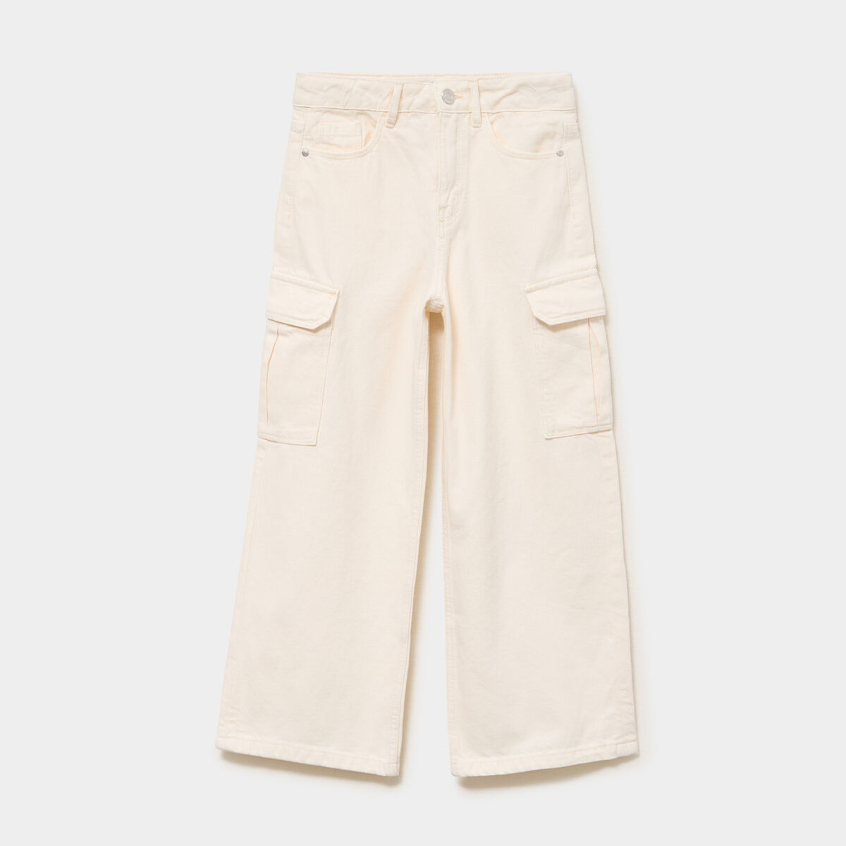 Pantalon large battle poches &agrave; rabat creme fille