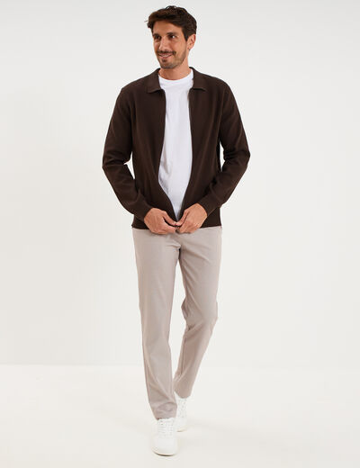 Gilet zipp&eacute; en maille manches longues marron fonc&eacute; homme