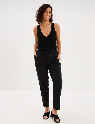 Pantalon droit 7/8&egrave;me lin m&eacute;lang&eacute; noir femme