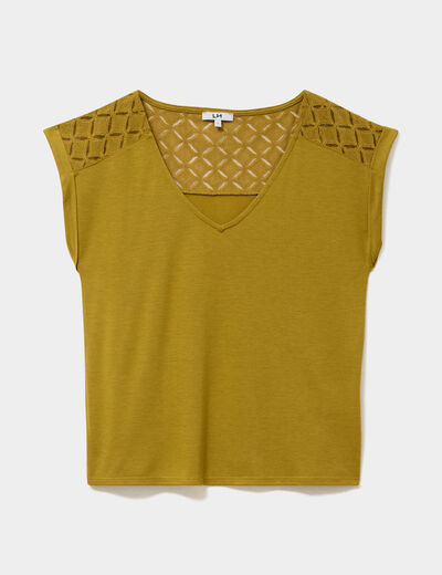 T-shirt col en V ajour&eacute; &eacute;paules et dos vert olive femme