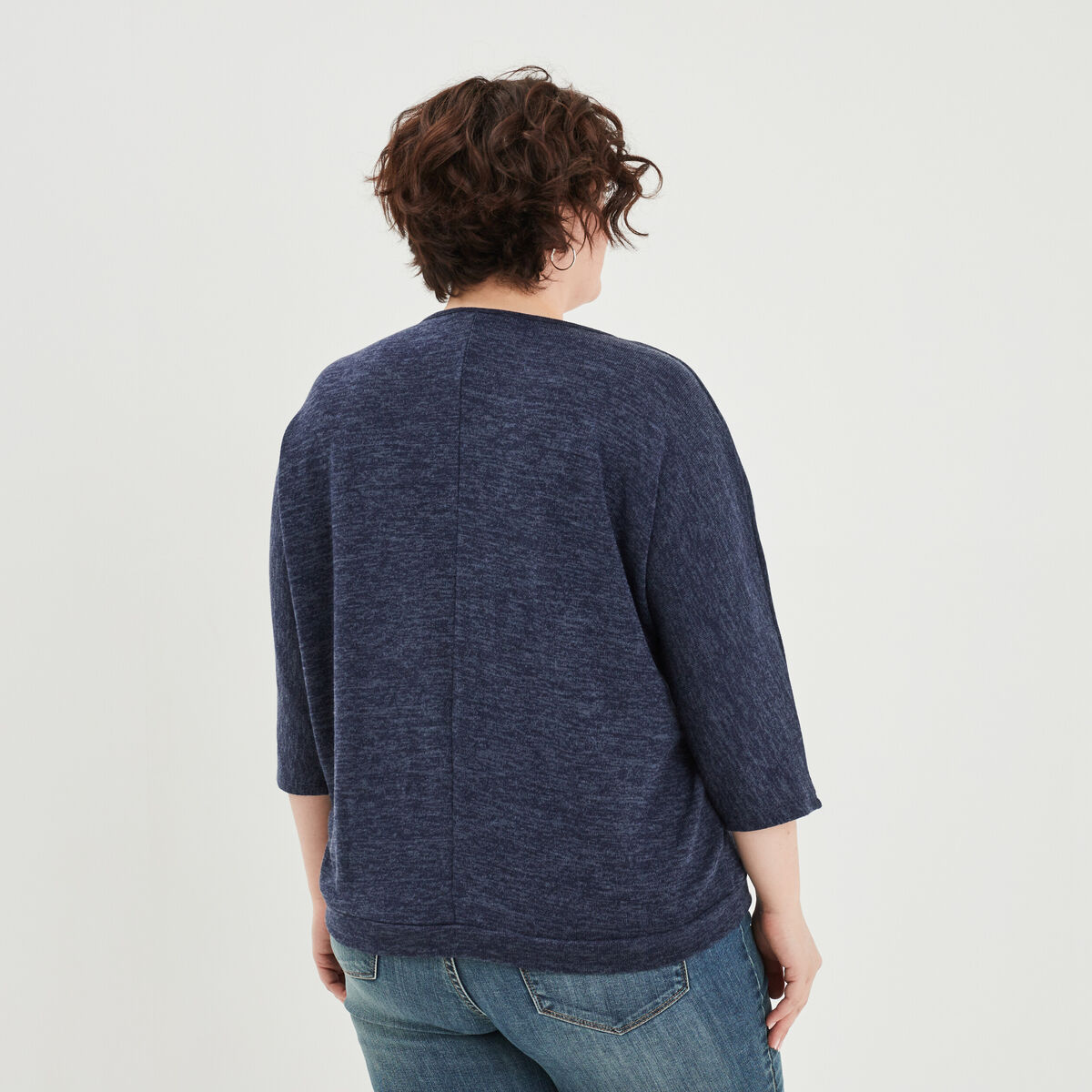 Pull manches 3/4 chauve-souris col V bleu marine femme grande taille