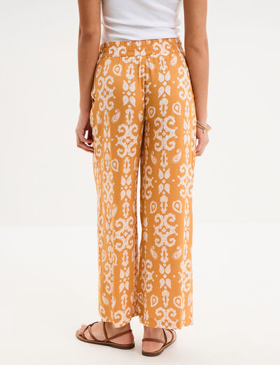 Pantalon fluide large taille &eacute;lastiqu&eacute;e jaune ocre femme