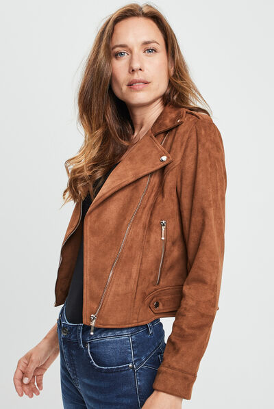 Veste esprit biker effet suédine camel femme
